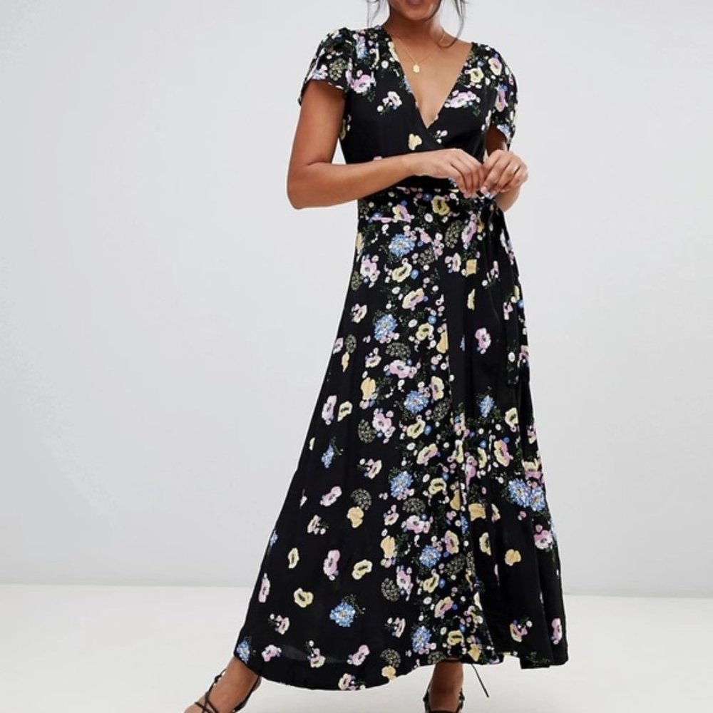 Free People Jess Floral Wrap Dress in Black - Size XS